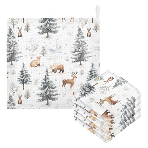 Image of vvfelixl Baby Muslin Washcloths Winter Deer Bear Baby Burp Cloths Cotton Babys Face Towel for Infants Soft 11.8 X 11.8 in, 3 Pack
