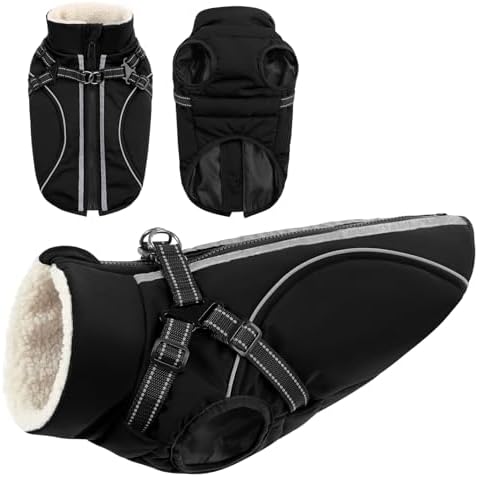 CITÉTOILE Wasserdichter Winter Hundemantel mit Geschirr Fleece Schwarz M | Warme Hundejacke mit Reißverschluss, Wintermantel mit Reflektorstreifen für kleine Mittel Große Hunde, mi