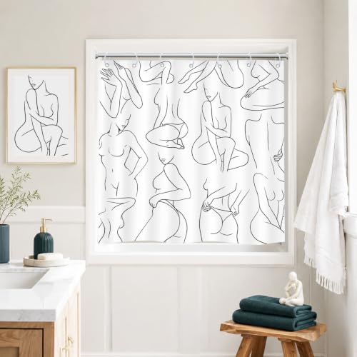Abstract Women Line Window Short Small White Bathroom Shower Curtain Set