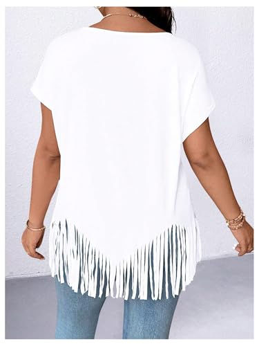 SHENHE Women's Plus Size Fringe Top Sparkly Rhinestone Cap Sleeve Crew Neck Cowgirl Studded Tshirt Top2