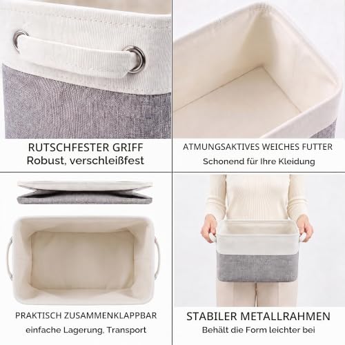 Mangata Aufbewahrungsbox, Stoff-Aufbewahrungskorb mit Griffen für Schränke, Regale, Kleidung, Spielzeug (3 Stück, faltbar, grau weiß) – Ansicht 6