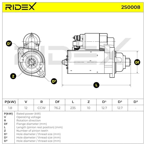 Démarreur 1,8KW haute performance RIDEX 2S0008 compatible VW