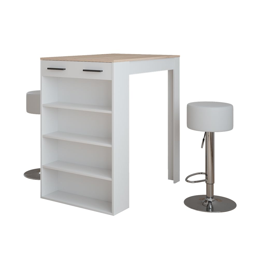 Vicco Set de Table de Bar Repose, Blanc/Sonoma, 67x100cm avec 2 tabourets de Bar, pour Une Utilisation comme Table Haute avec étagères réglables