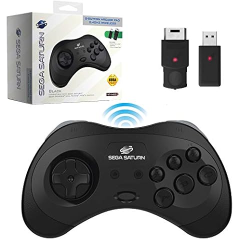 Retro-Bit Official Sega Saturn 2.4 GHz Wireless Controller for Sega Saturn, Sega Genesis Mini, Switch, PS3, PC, Mac - Includes 2 Receivers & Storage Case (Black) Cover