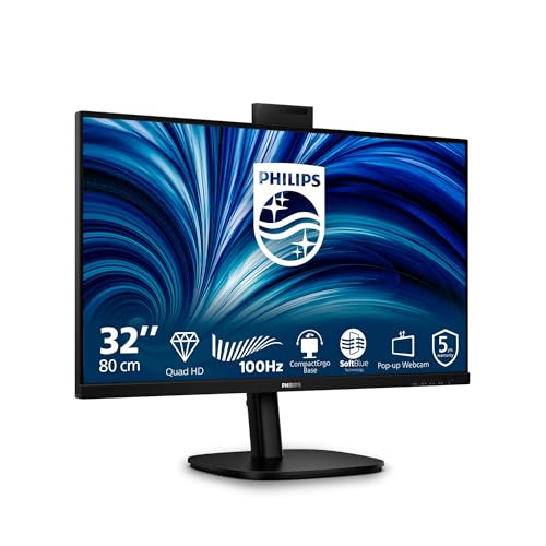 Philips 32B2U3601H 31,5 Zoll WQHD Monitor 100Hz, IPS Panel, 4ms GtG, Adaptive Sync, Höhenverstellung, Lautsprecher, Hello Webcam (2560x1440 HDMI 1x 2.0 (2.1 TMDS) DP USB Hub) Schwarz