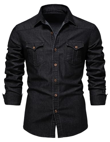 Kissonic Men's Denim Shirt Long Sleeve Button Down Shirt Lapel Jean Shirt Slim Fit Washed Denim Shirts with Chest Pockets(Black-XL)