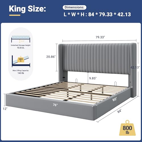 Image of Allewie King Size Lift Up Storage Bed Frame Channel Tufted Headboard Grey