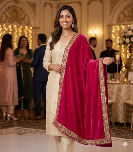 Image of Navti Creations Women's Stole Dupatta In Velvet With Cross Design Border (length -2.25m, Width-75cm)