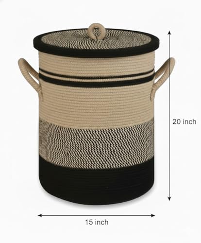 Image of Basket with Lid, 15 inch x 20 inch Woven Storage Basket for Blankets, Toys, Pillows, Towels, Living Room Bedroom Storage Bin, Round Rope Basket with Lid, Wicker Baskets for Organizing (BG9)