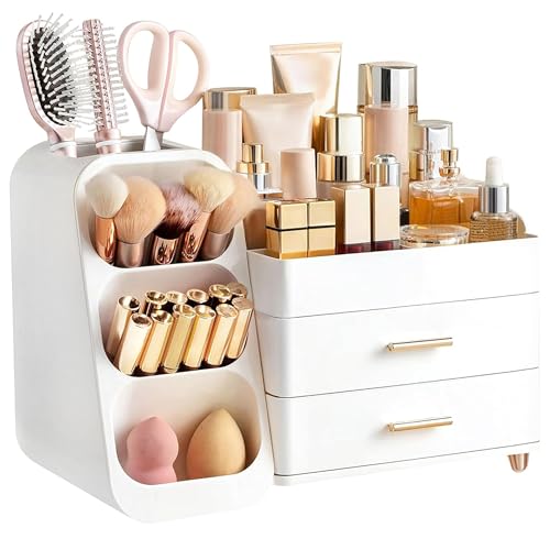 HBlife Makeup Kosmetik Organizer mit Schubladen, Pinsel Organizer, 3-in-1 Plastic Kosmetik Aufbewahrungsbox, Schmink Aufbewahrungskasten Große Lagerung Weiß
