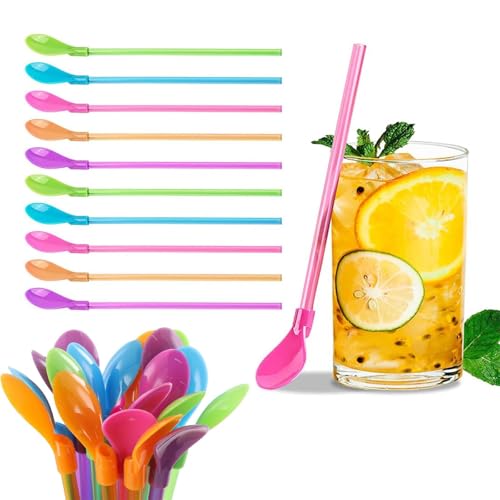 JOOTUEPO 10 Stück Strohhalme Löffel, Wiederverwendbare Trinkhalmlöffel, 2-in-1 Bunter Strohhalme mit Löffel, Plastik-Strohhalm-Löffel für...