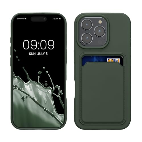 kwmobile Case Compatible with Apple iPhone 16 Pro Case - TPU Phone Cover with Credit Card Holder - Dark Green