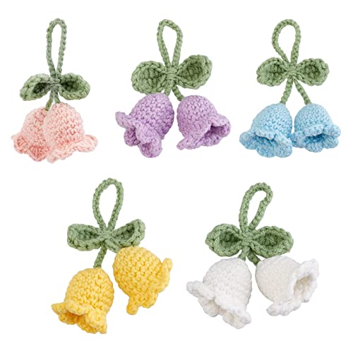 FINGERINSPIRE 5 Stück gehäkelte Glockenblumen Anhänger 5 Farben Handgestrickte spanische Glockenblumen-Anhänger gehäkelte Glockenblumen-künstliche Blumen Schlüssel Anhänger Baumwollstrick hängendes Cover
