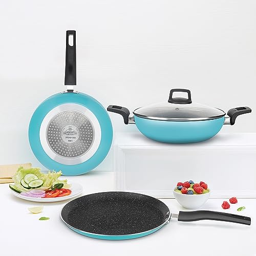 Image of Borosil Festive Glory Nonstick Set of 4 Dosa Tawa (25 cm), Kadhai (24 cm), Fry Pan (24 cm) & Lid, Gas Stove & Induction Compatible, Metal Spoon Friendly, Stir Fry Pan, Tava, Kadai for Deep Fry, Blue