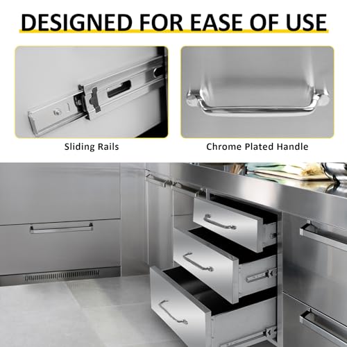 Image of Outdoor Kitchen Drawers 14 inch W x 21 inch H x 23 inch D Flush Mount Triple BBQ Drawers with Chrome Handle Stainless Steel Drawer for Outdoor Kitchen Island, Patio Grill Station