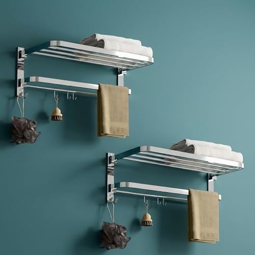 Image of Gloxy Premium Towel Rack in Bathroom Combo Pack of 2-24 Inch Stainless Steel Chrome Finish Bathroom Hangers for Clothes Towel Holder in Bathroom with Extra Hooks - Bathroom Fittings Accessories Set