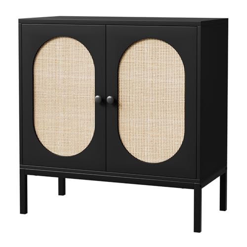 Image of Sideboard Buffet Cabinet with Storage, Accent Cabinet with Rattan Doors, Adjustable Shelf & Metal Feet, Coffee Bar Liquor Cabinet for Living Room, Dining Room, Hallway & Kitchen,Black