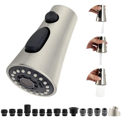 Hibbent Ersatzkopf für Küchenspülearmatur, NSF/ANSI/CAN 61, cUPC-zertifiziert, 3-Funktions-Sprühdüse mit 15 Adaptern, kompatibel mit Delta, Kohler, Moen Armaturen, gebürstetes Nickel