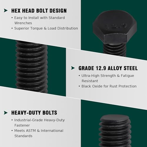 Image of M12-1.75 x 60mm Hex Bolts, 12.9 Grade Alloy Steel, Black Oxide Finish, Full Thread, Coarse Thread UNC, Hexagon Head Bolts 8 PCS