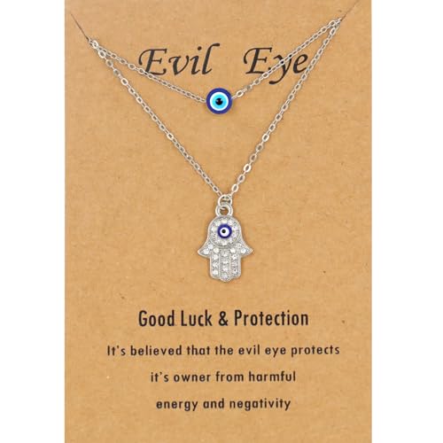 Baydurcan Dainty Evil Eye Necklace and Hamsa Necklace Turkish Blue Eye Hand Pendant Necklace 2pcs Jewelry Gift for Women Teenager (S2)