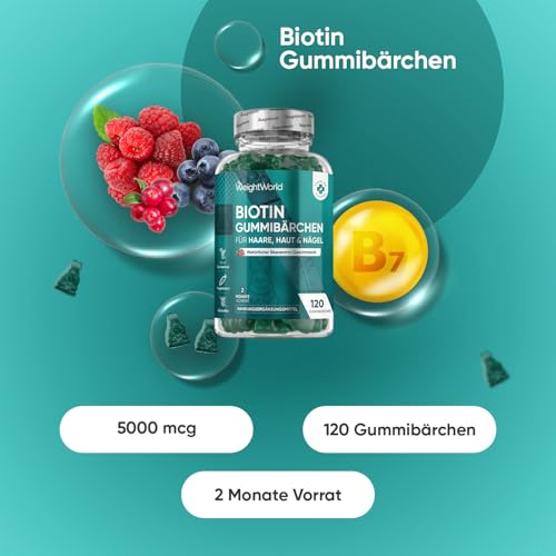 Biotin Gummibärchen - Vitamin B7 (D - Biotin) mit 5000 μg - 120 Gummies - Mit Vitamin C & E, Selen, Jod, A, B9, B6, B12, B5-2 Monate Vorrat - Natürlicher Beerengeschmack - WeightWorld
