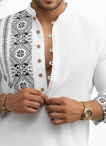 Image of Amazon Brand - INKAST Men's Cotton Blend Mandarin Collar Self One Design Full Sleeve Casual Short Kurta