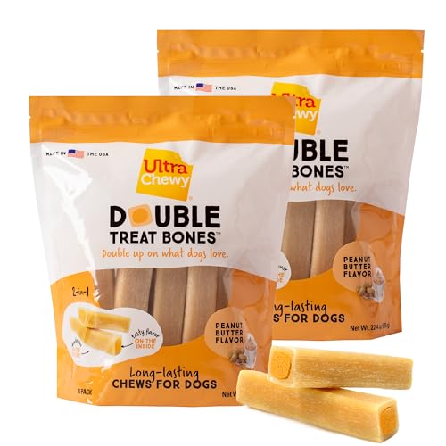 Ultra Chewy Peanut Butter Double Treat Bones: Long-Lasting Dog Treats Made in USA for Large and Small Breeds Highly Digestible Ideal for Aggressive Chewers (2 Value Packs)
