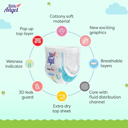 Image of Little Angel Premier Pants Baby Diapers, Extra Large (XL) Size, 20 Count, Cottony Soft Material, Breathable, Extra Dry Core, Stretchable Sides, Pack of 1, 12-15 kgs