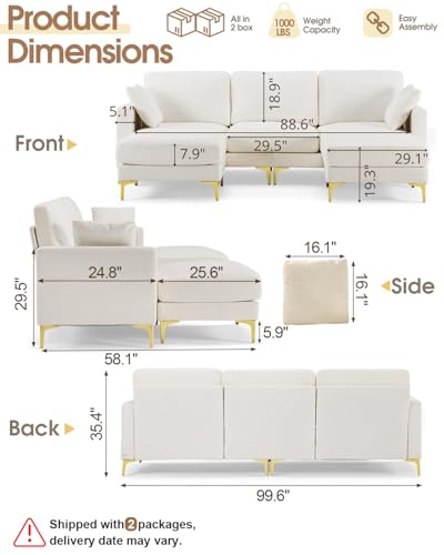Image of Karl home 99.6 inch 3-Seat U-Shaped Sectional Sofa, Creamy | Chenille Upholstered, 2 Movable Ottomans, Cloud-Like Seat, 2 Throw Pillows, Comfy Deep Seat, Living Room, Apartment, Office