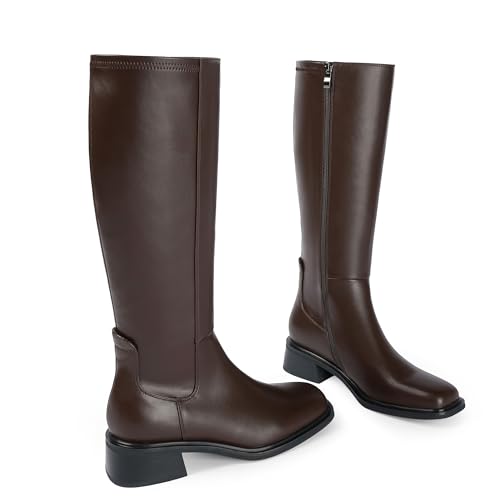 Image of QIY Knee High Boots for Women Low Heel Flat Tall Boots | Stretch Boots, Chunky Heel Womens Boots, Square Toe Heeled Fall Winter Dress Riding Long Boot with Side Zipper