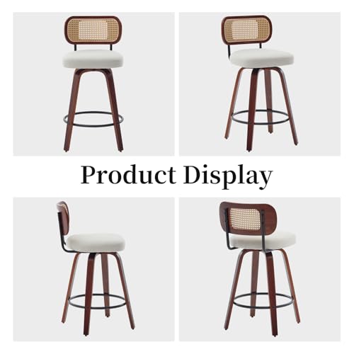 Image of Counter Height Bar Stools Set of 2, 26 inch Swivel Bar Chairs with Curved Rattan Back, Linen Upholstered Seat, Walnut Craftsmanship, Mid Century Modern Counter Stools for Kitchen Counter, Beige