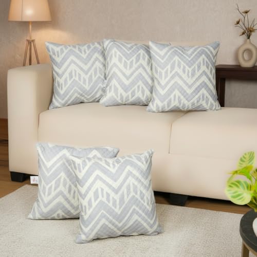 Image of STITCHNEST 'QuadraNest' Series Printed Quilted Velvet Cushion Cover 16x16 Inch Set of 5 | Premium Soft Fabric, Washable & Fade Resistant | Decorative Living Room Cushion Covers | Grey & Ivory Zigzag