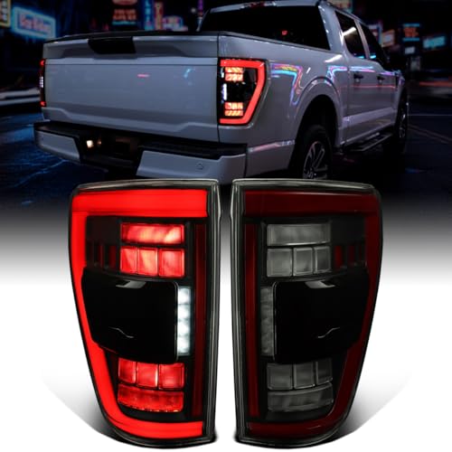 Ronnin - Fits 2021-2023 Ford F150 Full LED Tail Lights with Blind Spot Sequential Turn Signals + Animated Startup Effect Assembly | Black Smoke
