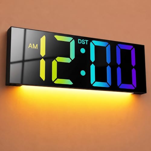JALL Digital Wall Clock Large Display with Big LED Numbers Remote Control 8 RGB Colors Auto DST Night Light for Classroom Living Room Bedroom Birthday Gift for Senior Men Women (Black)