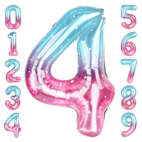 Pink Blue Number 4 Balloon 40 Inch, Shiny Ombre Foil for Starlit 4th Party