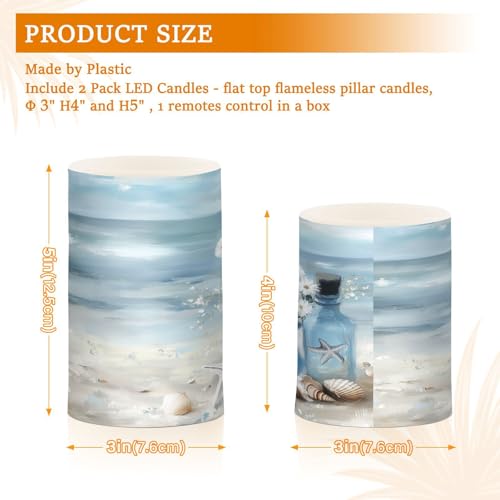 Image of Ocean Beach Seascape Vase Starfish Shell Flickering Flameless Candles LED Battery Operated with Remote Timer Pillar Candles for Home Birthday Wedding Christmas Decor, Set of 2