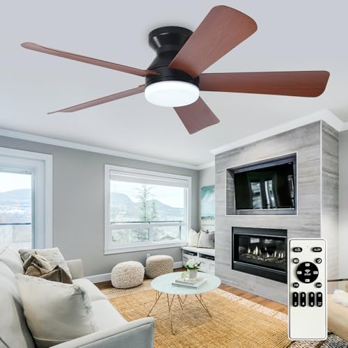 Image of Depuley Modern Ceiling Fan with Light: 42-Inch Black Small Fans for Bedroom Indoor Outdoor - Dimmable Low Profile Ceiling Fans with Remote Control Flush Mount 5 Reversible Walnut Blades 6 Speeds Timer