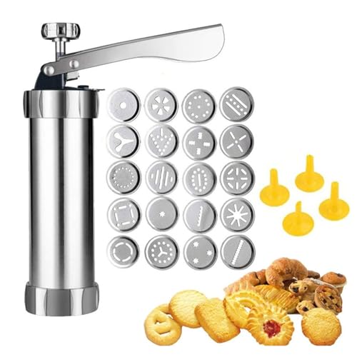 Goowafur Gebäckspritze Edelstahl, mit 20 Schablonen und 4 Tüllen,Kekspresse, Spritz-Keksmaschine aus Edelstahl zum Spritzgebäck Presse für Kuchen Kekse