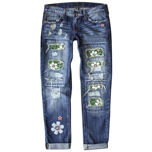 Ripped Distressed Jeans for Women Trendy Print Boyfriend Straight Leg Denim Pants Stylish Streetwear with Hole