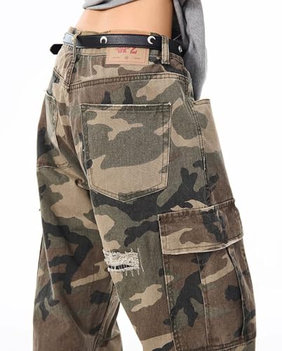 Mens Camo Cargo Jeans Mid Rise Flap Pockets Wide Leg Ripped Jeans Baggy Camouflage Y2k Streetwear Denim Pants3