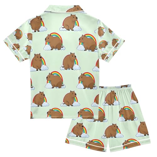 senya Capybara with Rainbow P Satin Summer Pajama Sets Silk Short Sleeve Button Down Sleepwear2