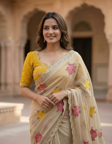Image of Yashika Women's Nylon Organza Saree with Blouse Piece for Traditional Ethnic Wear Sari