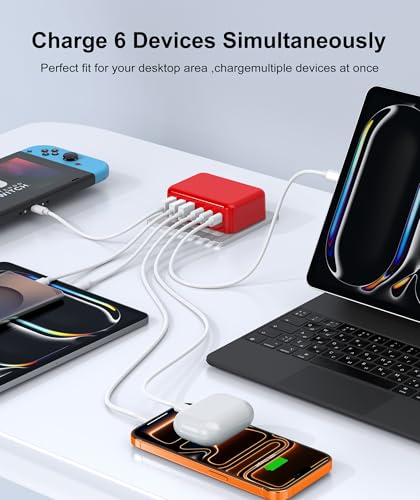 Image of Fast Charger Block, GaN 6 Port USB C Charging Station Hub Cube, 100W Multiport Type C Wall Charger Power Strip Plug with PD 3.0+QC for iPhone 16 15 14 13 12 1 Pro Max XR XS 8 7, Samsung, iPad, Table