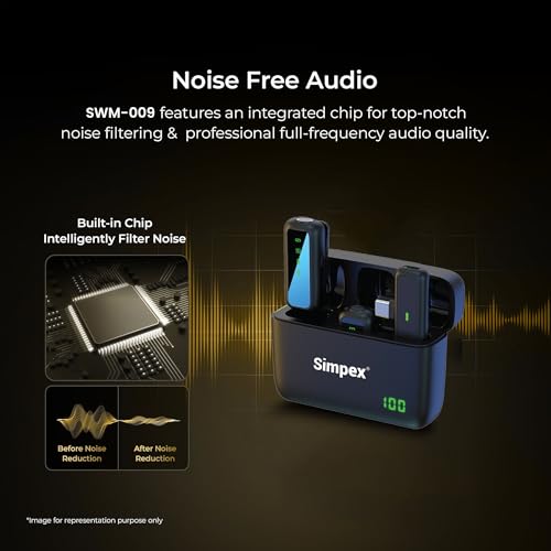 Image of Simpex (SWM-009 2 in 1 Wireless Microphone System with Active Noise Cancellation, 50m Wireless Range, Upto 8 hrs of Working time, Plug and Play, Compatible with All the Smartphones.