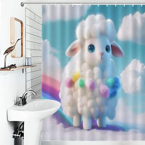 Rideau de douche tissu polyester étanche et facile à nettoyer motif mouton mignon