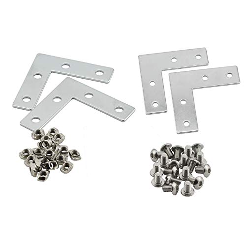 PZRT Aluminum Profile Connector Bracket Set,4Pcs L Shape Connector, 16Pcs M5 T-Slot Nuts, 16Pcs M5x8mm Hex Socket Cap Screw Bolt,for 6mm Slot 2020 Series Aluminum Profile