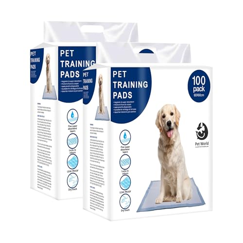 Image of Pet World Training Pads, with Odor Lock Technology & Super Absorbent Pee Pads, Leak-Proof Dog Potty Training Pads for Puppies, Dogs,Cats & Rabbits (60 X 60 cm) Pack of 2(100 Pcs Each)