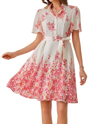 Image of Women Long Sleeve Spring Button Down A-Line Floral Print Summer Cocktail Shirt Dresses with Belt
