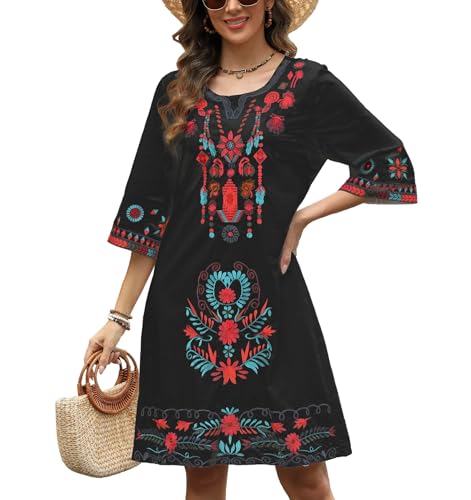 Image of Higustar Mexican Embroidered Dress Summer Cotton Bohemian Flower Peasant Traditional Mexico Fiesta Boho Dresses for Women