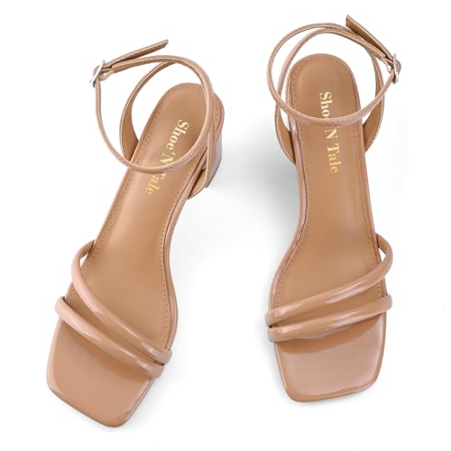 Image of Shoe'N Tale Strappy Heels for Women Square Toe Chunky Block Heels Ankle Buckle Heeled Sandals
